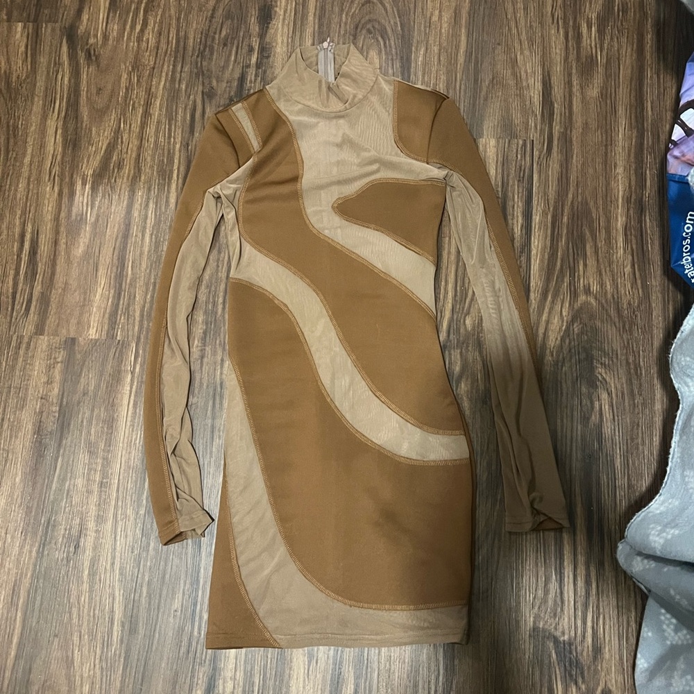 Brown Mesh Swirl Panelled Detail Long Sleeve Bodycon Dress